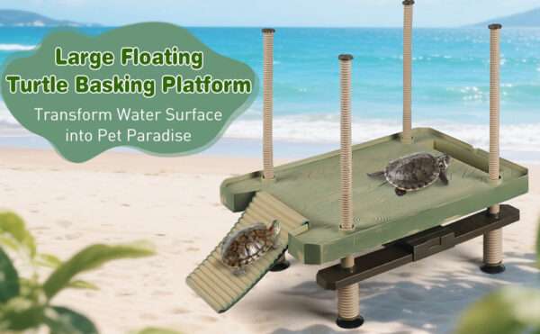 Plataforma flotante grande para tortugas con nivel automático, rampa antideslizante y diseño de grano de madera con comedero integrado.