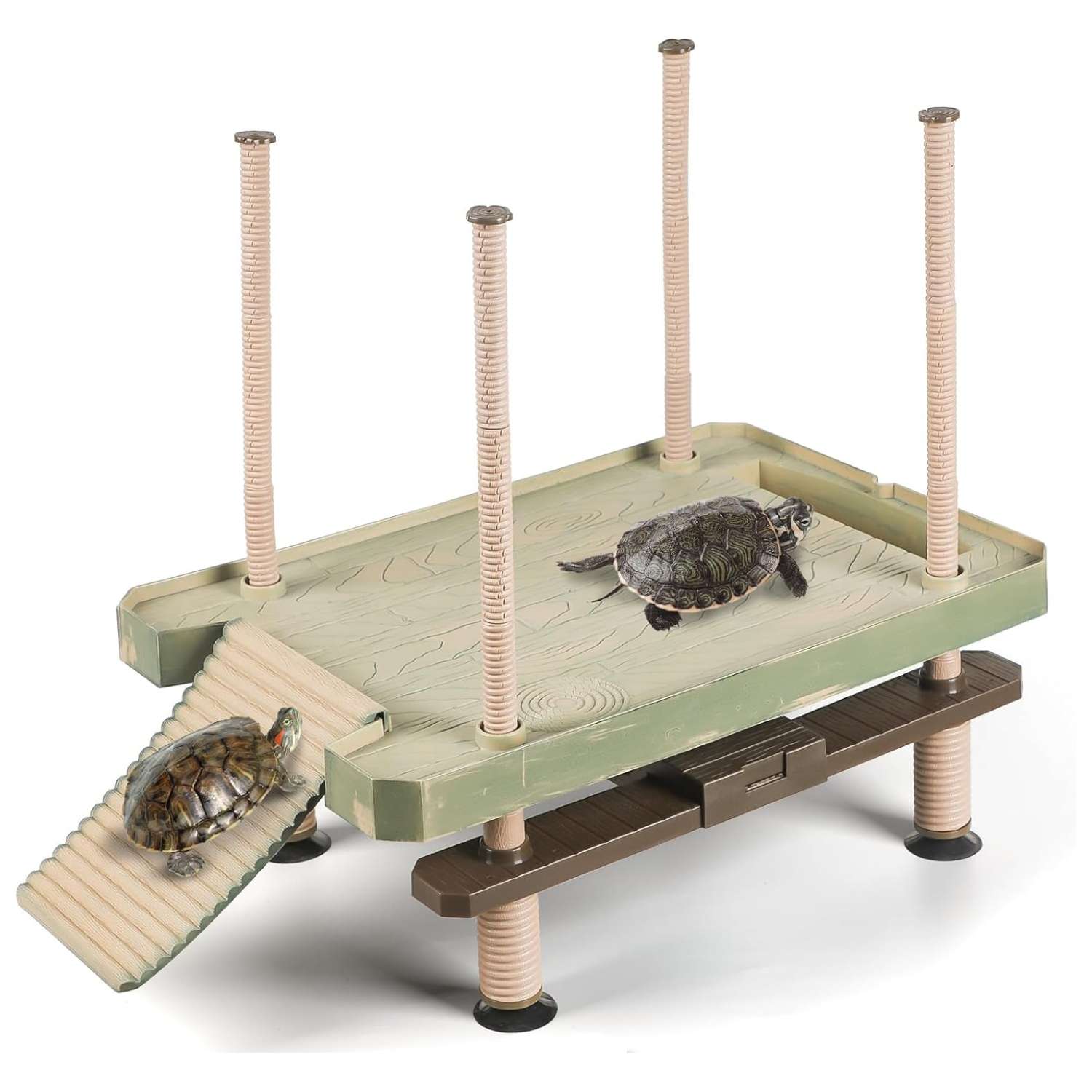 Plataforma flotante grande para tortugas con nivel automático, rampa antideslizante y diseño de grano de madera con comedero integrado.