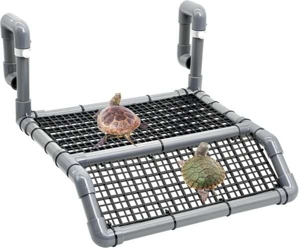 Plataforma flotante de PVC para tortugas, con rampa antideslizante y cuatro ventosas para un soporte firme.