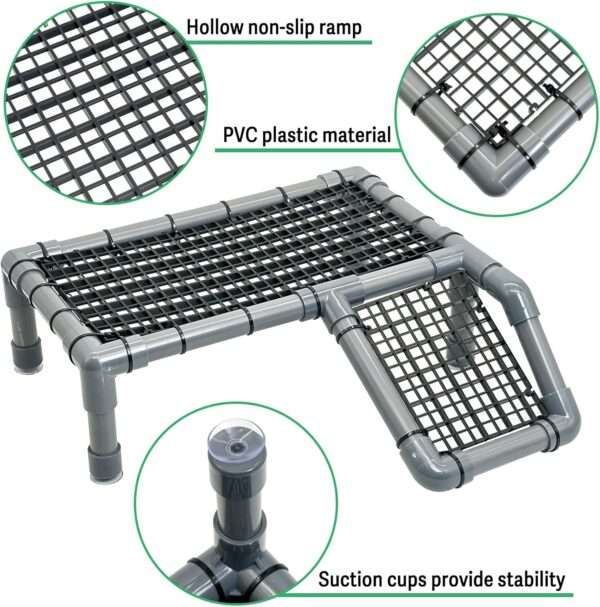 Plataforma flotante de PVC para tortugas, con rampa antideslizante y cuatro ventosas para un soporte firme.