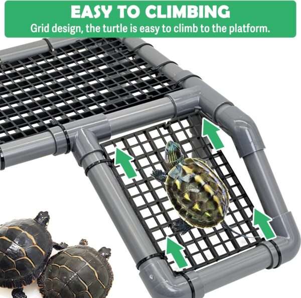 Plataforma flotante de PVC para tortugas, con rampa antideslizante y cuatro ventosas para un soporte firme.