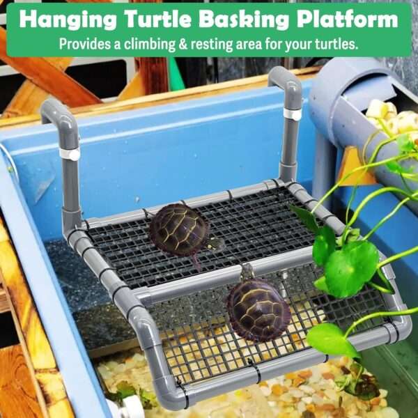 Plataforma flotante de PVC para tortugas, con rampa antideslizante y cuatro ventosas para un soporte firme.