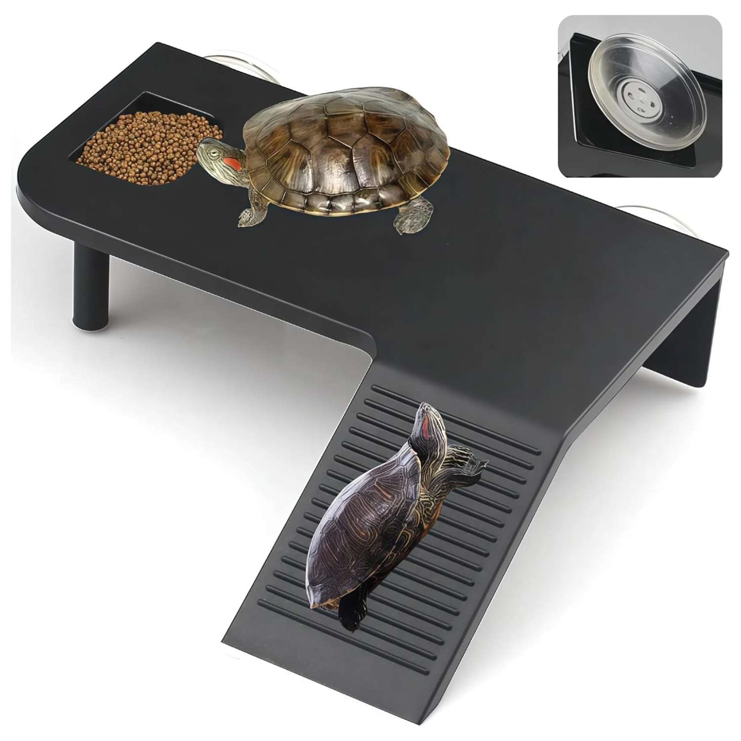 Plataforma flotante reforzada para tortugas, con ventosas dobles fuertes, rampa antideslizante y comedero integrado.