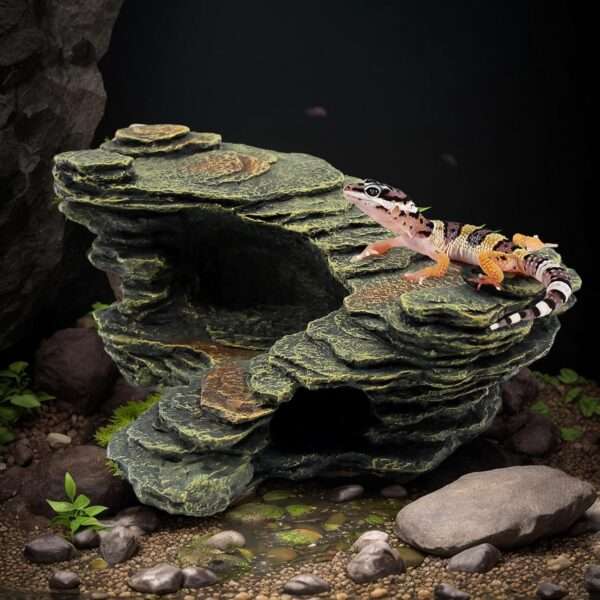 Plataforma de resina con diseño de roca natural, ideal para que reptiles y anfibios se escondan y tomen el sol.