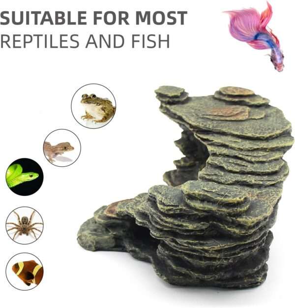 Plataforma de resina con diseño de roca natural, ideal para que reptiles y anfibios se escondan y tomen el sol.