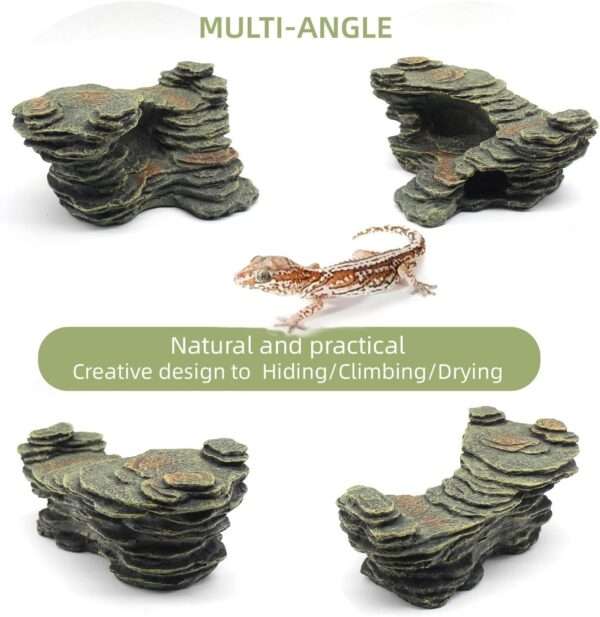 Plataforma de resina con diseño de roca natural, ideal para que reptiles y anfibios se escondan y tomen el sol.
