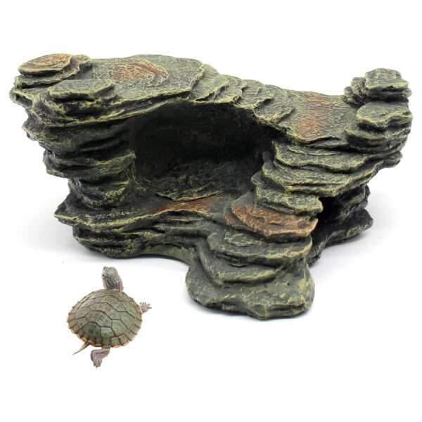 Plataforma de resina con diseño de roca natural, ideal para que reptiles y anfibios se escondan y tomen el sol.