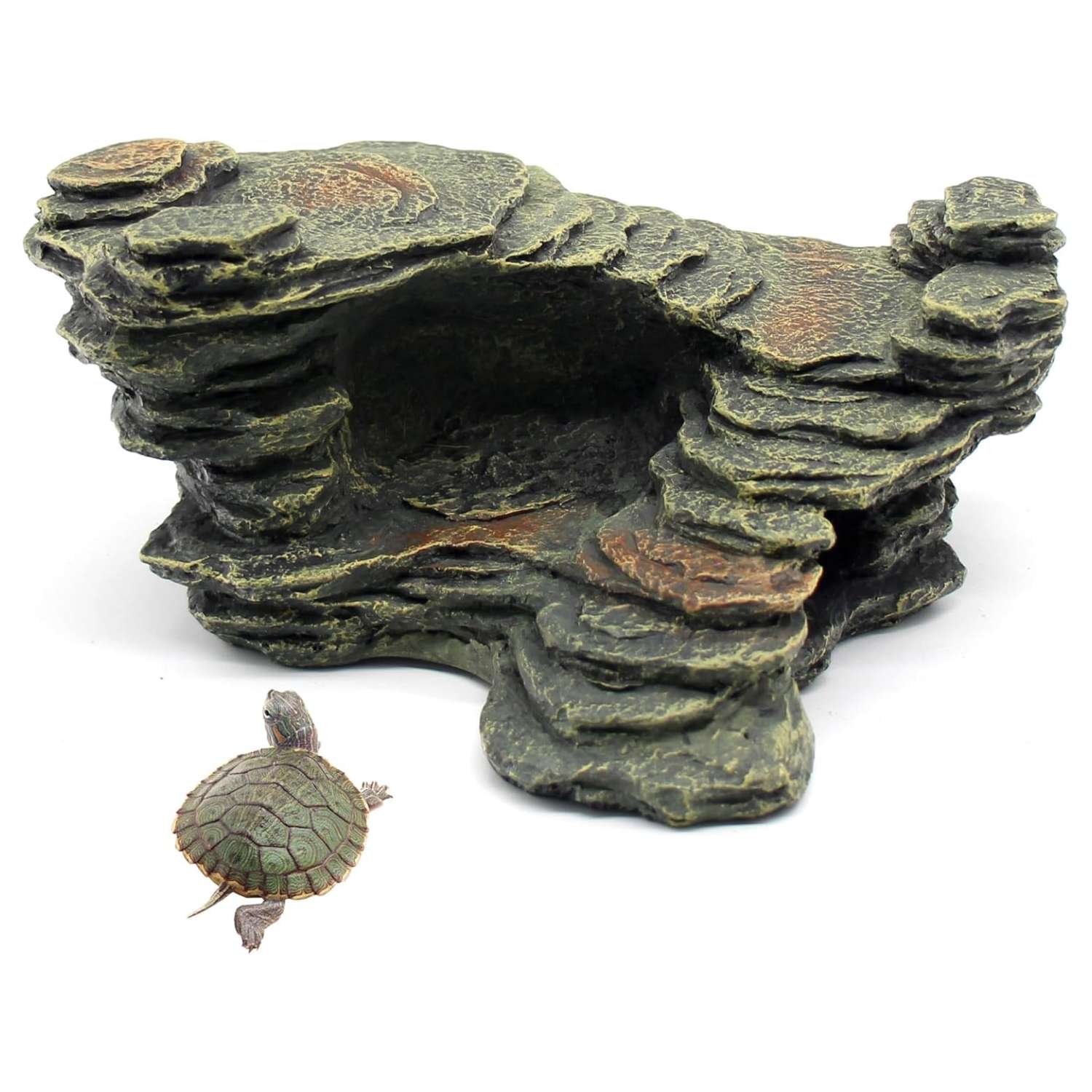 Plataforma de resina con diseño de roca natural, ideal para que reptiles y anfibios se escondan y tomen el sol.