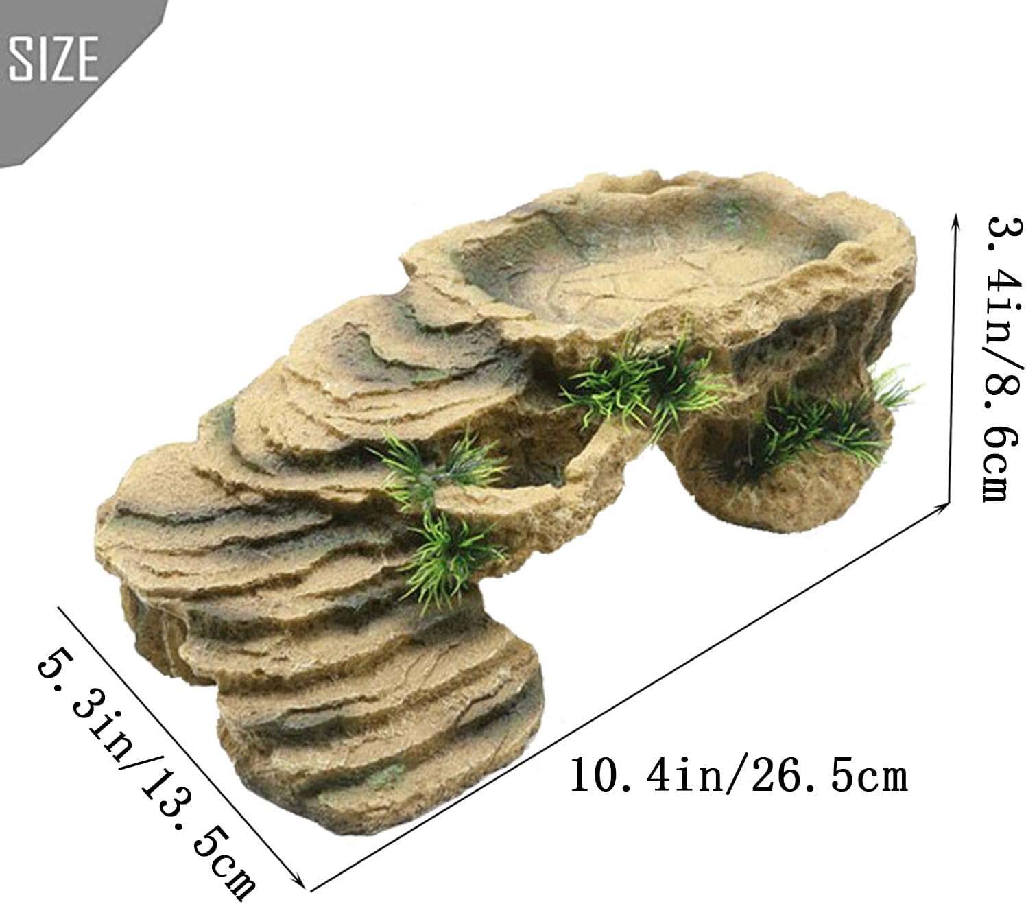 Plataforma de resina (27x15x9 cm) para tortugas, con diseño de roca trapezoidal y un área de comedero integrada en la parte superior.