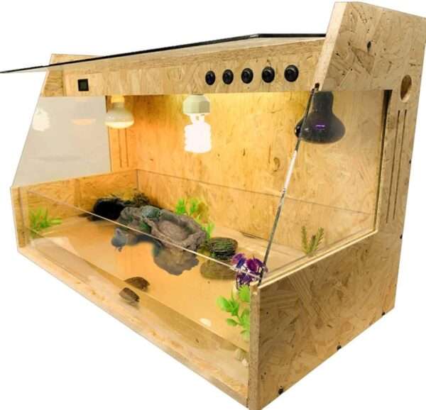 Plataforma de resina (27x15x9 cm) para tortugas, con diseño de roca trapezoidal y un área de comedero integrada en la parte superior.