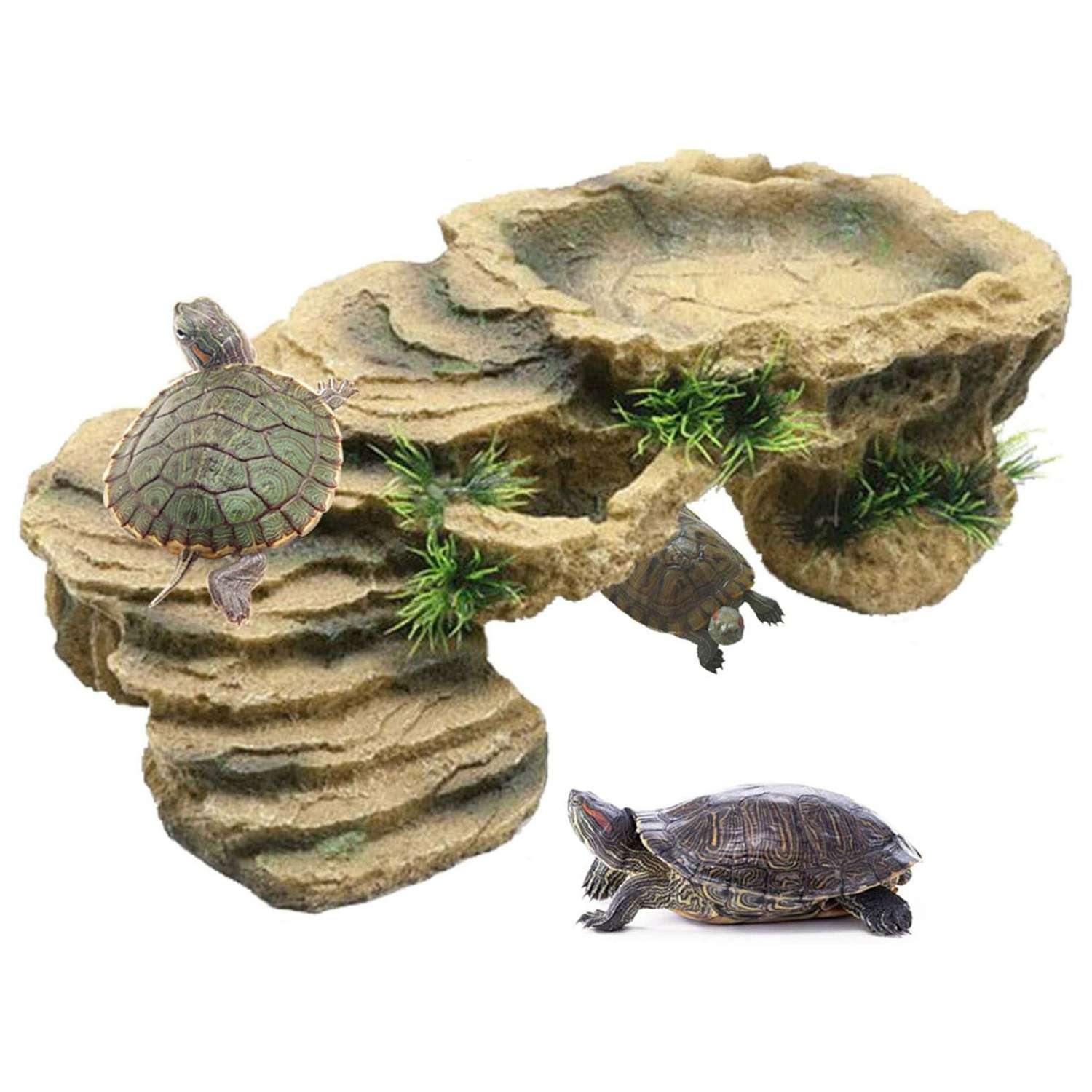 Plataforma de resina (27x15x9 cm) para tortugas, con diseño de roca trapezoidal y un área de comedero integrada en la parte superior.