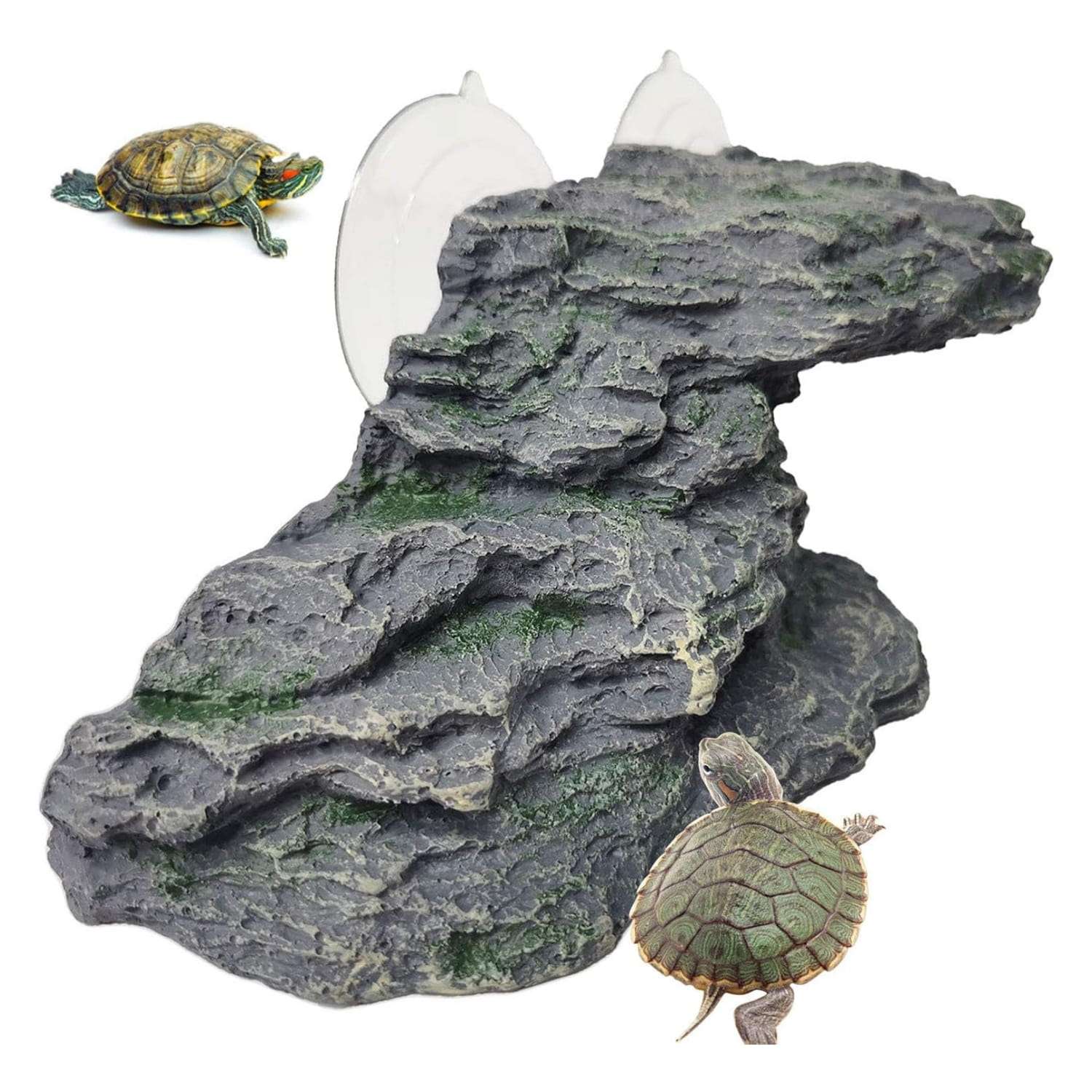 Plataforma de resina con diseño de roca natural para tortugas, que incluye una rampa de ejercicio y un área para tomar el sol.