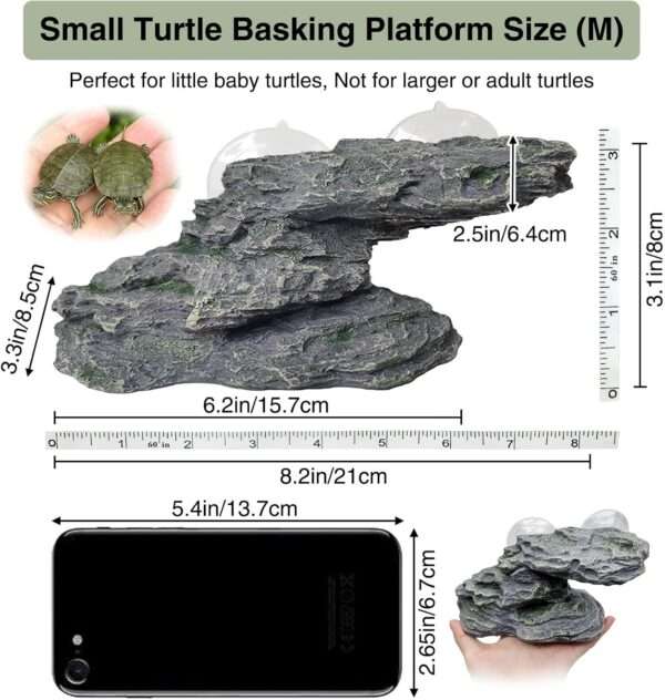 Plataforma de resina con diseño de roca natural para tortugas, que incluye una rampa de ejercicio y un área para tomar el sol.