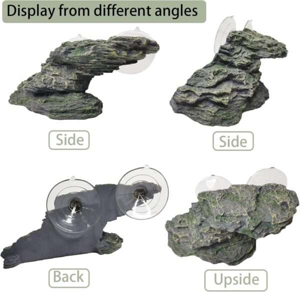 Plataforma de resina con diseño de roca natural para tortugas, que incluye una rampa de ejercicio y un área para tomar el sol.