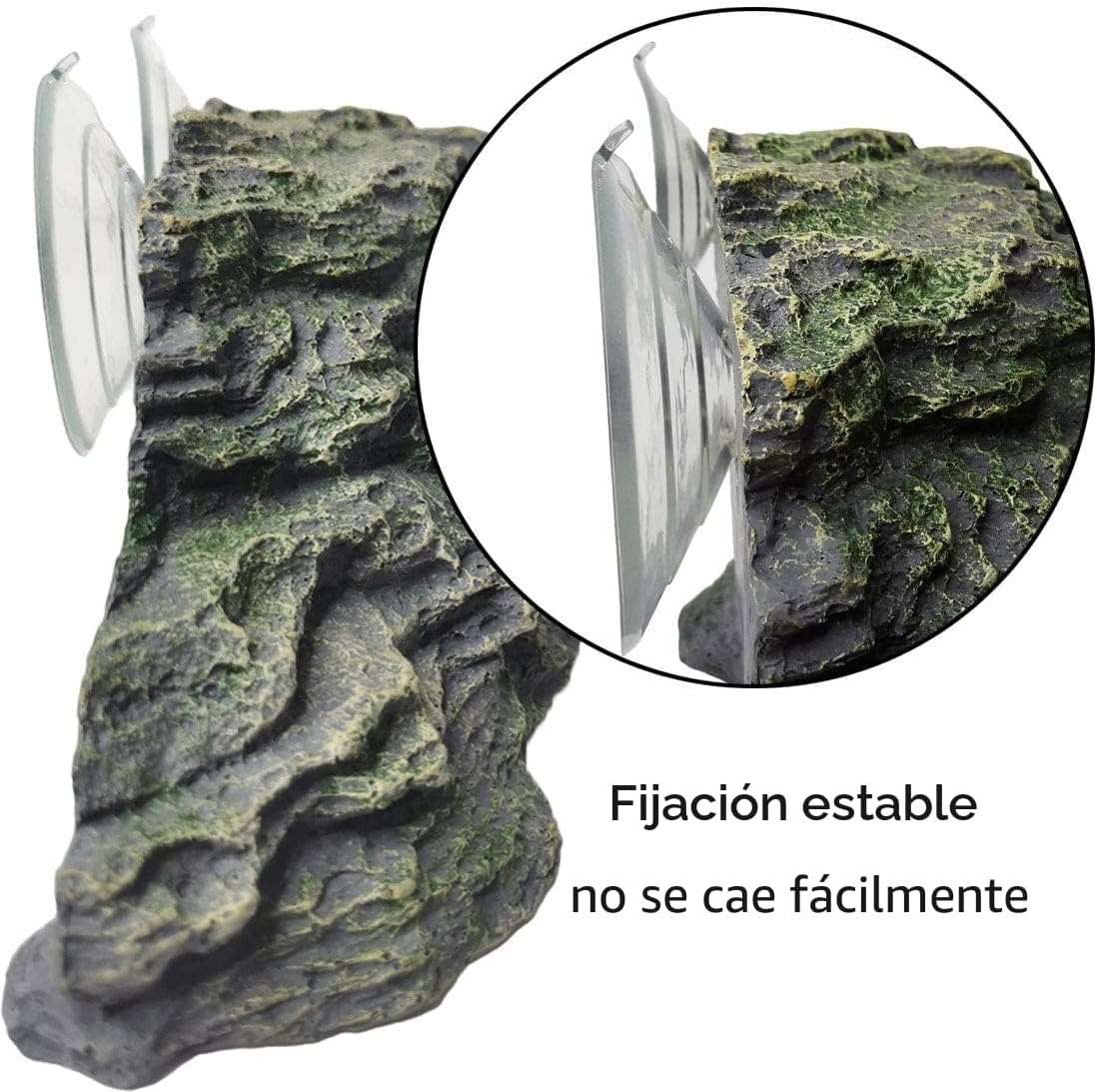 Plataforma de resina con diseño de roca natural para tortugas, que incluye una rampa de ejercicio y un área para tomar el sol.