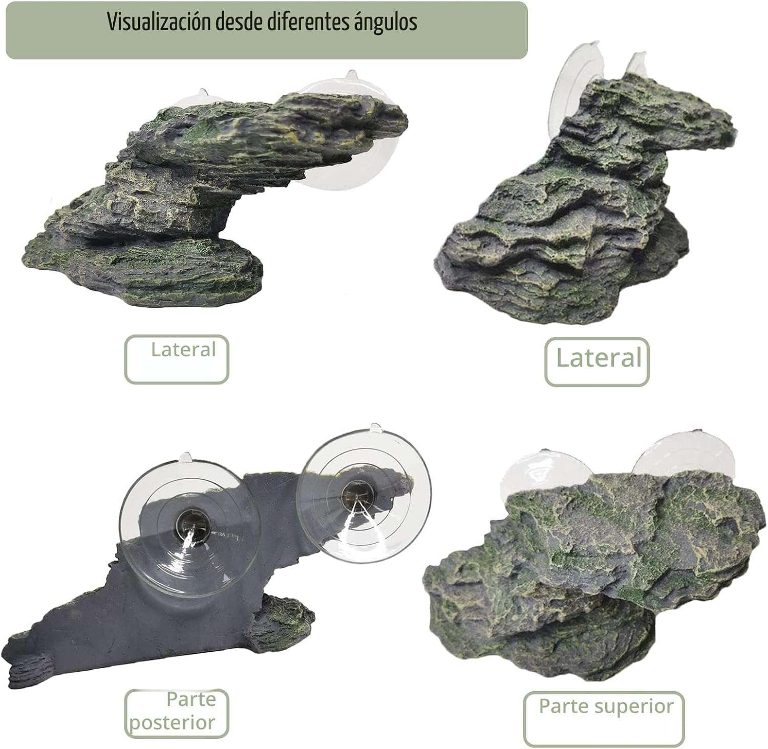 Plataforma de resina con diseño de roca natural para tortugas, que incluye una rampa de ejercicio y un área para tomar el sol.