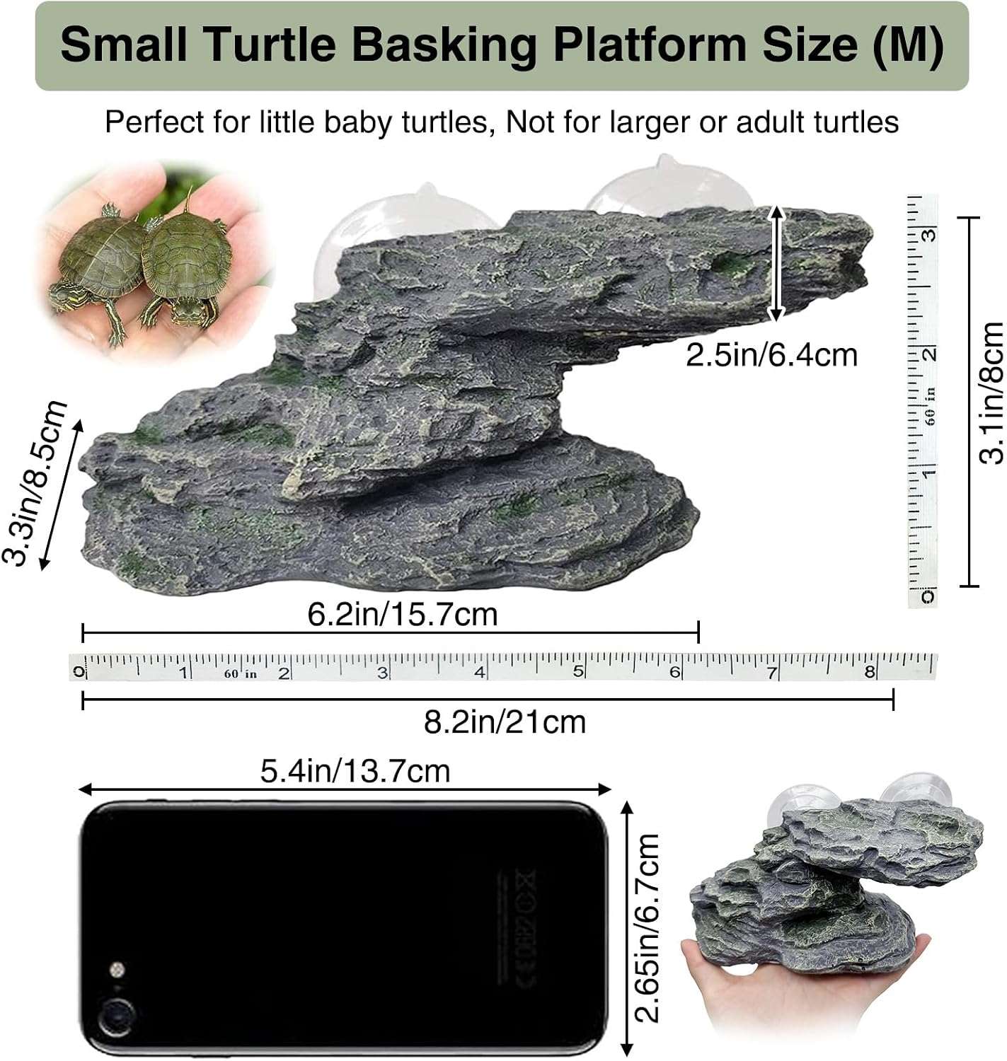 Plataforma de resina con diseño de roca natural para tortugas, que incluye una rampa de ejercicio y un área para tomar el sol.
