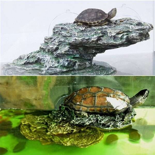 Plataforma de resina con diseño de roca natural para tortugas, que incluye una rampa de ejercicio y un área para tomar el sol.