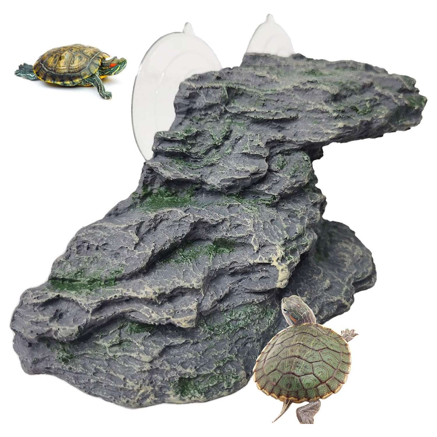 Plataforma de resina con diseño de roca natural para tortugas, que incluye una rampa de ejercicio y un área para tomar el sol.