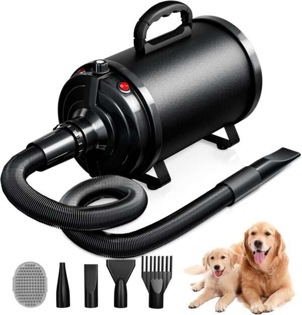 Secador de pelo profesional para perros grandes de 3800W con kit de 4 boquillas y cepillo.