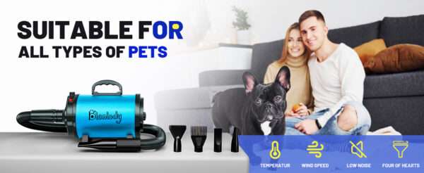 Secador de pelo profesional para perros grandes de 3800W con kit de 4 boquillas y cepillo.
