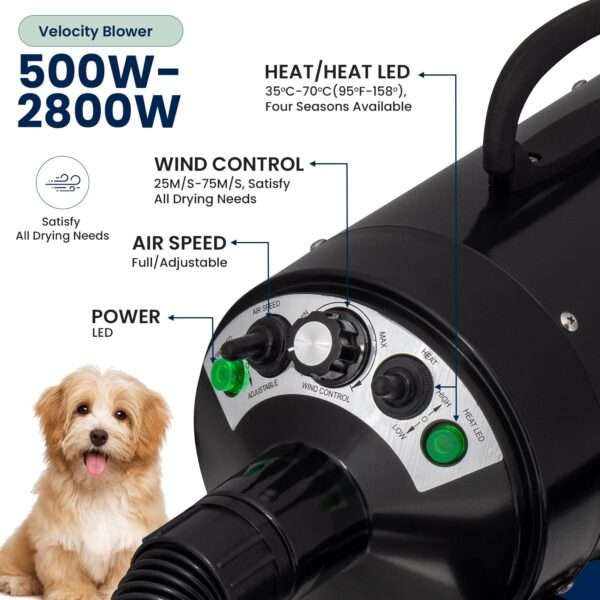 Secador profesional para perros de 2800W, ultra silencioso con kit de accesorios.