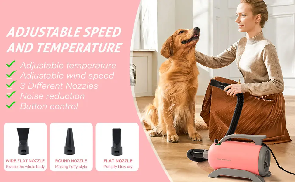 Secador de pelo profesional para mascotas, potente 2800 W y 4 boquillas.