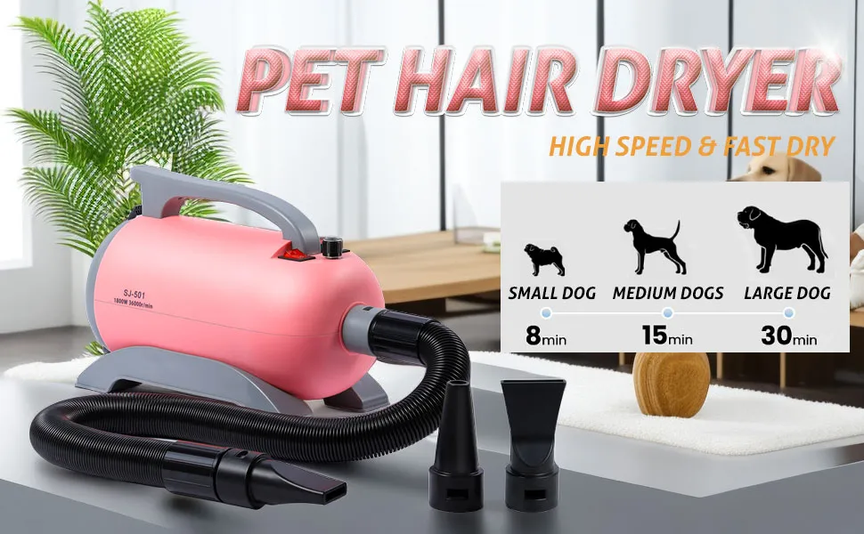 Secador de pelo profesional para mascotas, potente 2800 W y 4 boquillas.