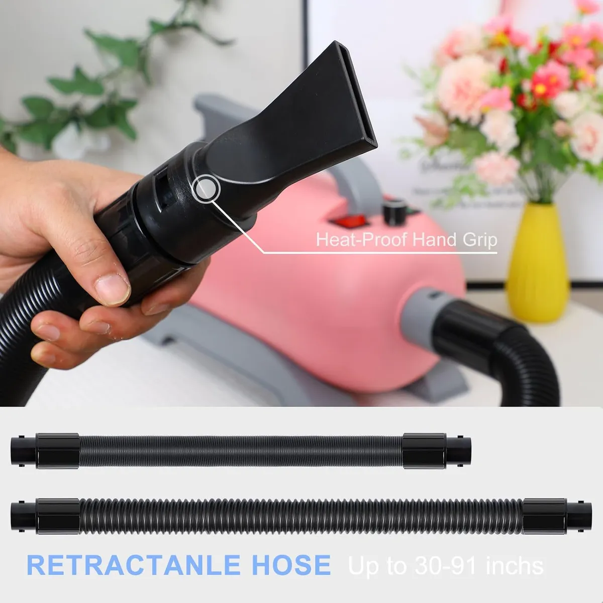 Secador de pelo profesional para mascotas, potente 2800 W y 4 boquillas.