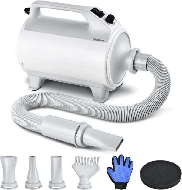 Secador de pelo profesional para mascotas, potente 2800 W y 4 boquillas.