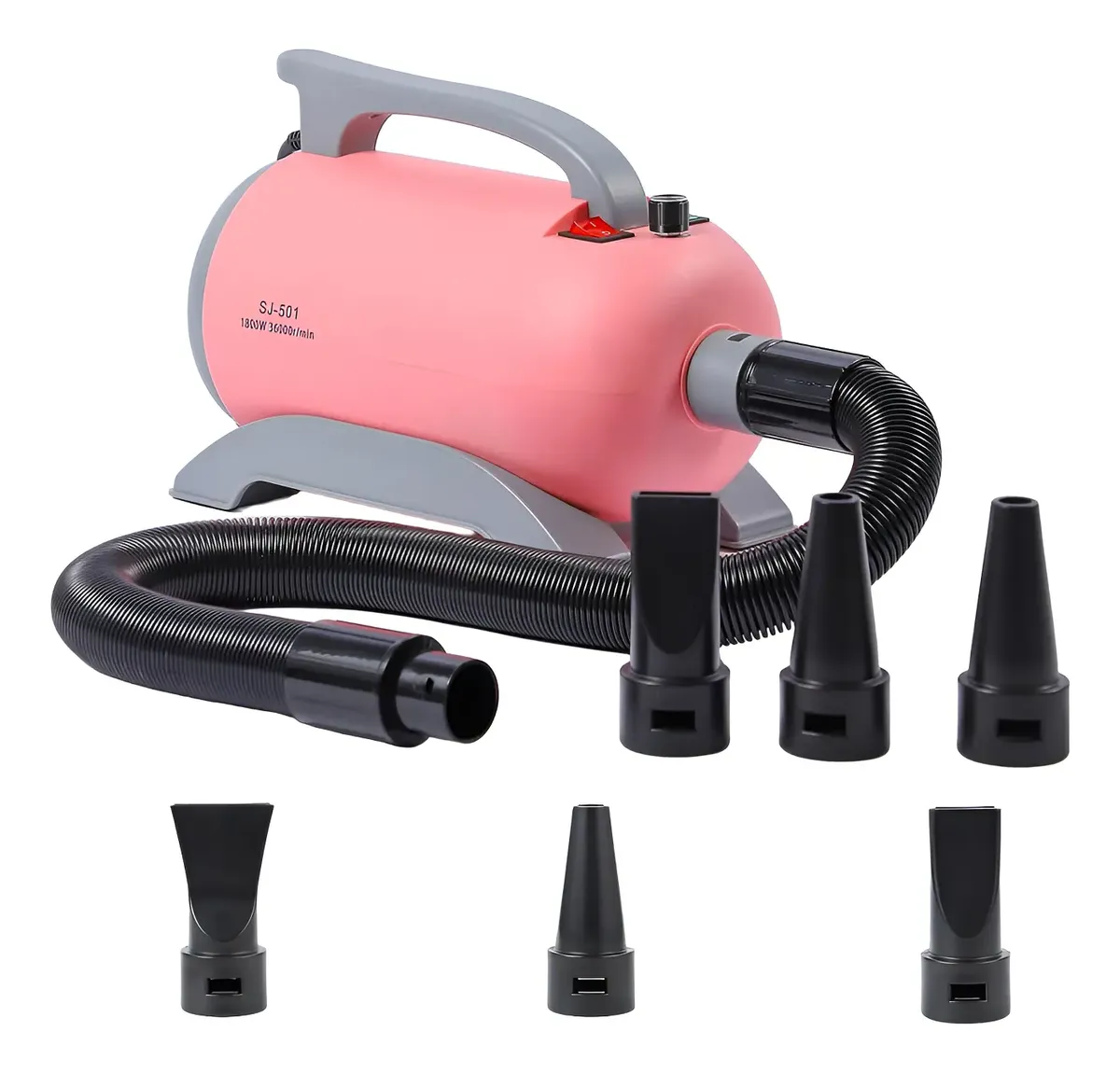 Secador de pelo profesional para mascotas, potente 2800 W y 4 boquillas.