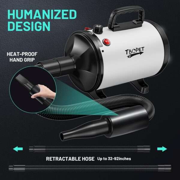 Secador de pelo profesional para mascotas, potente 3800 W y 4 boquillas.