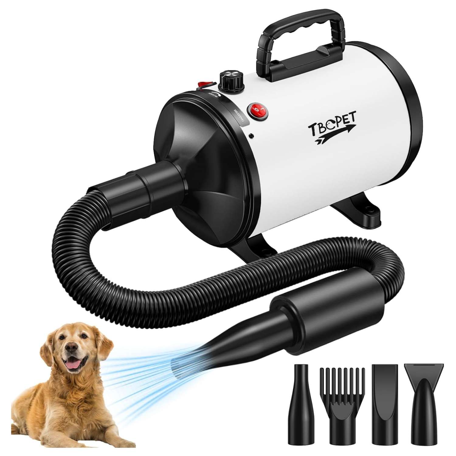 Secador de pelo profesional para mascotas, potente 3800 W y 4 boquillas.