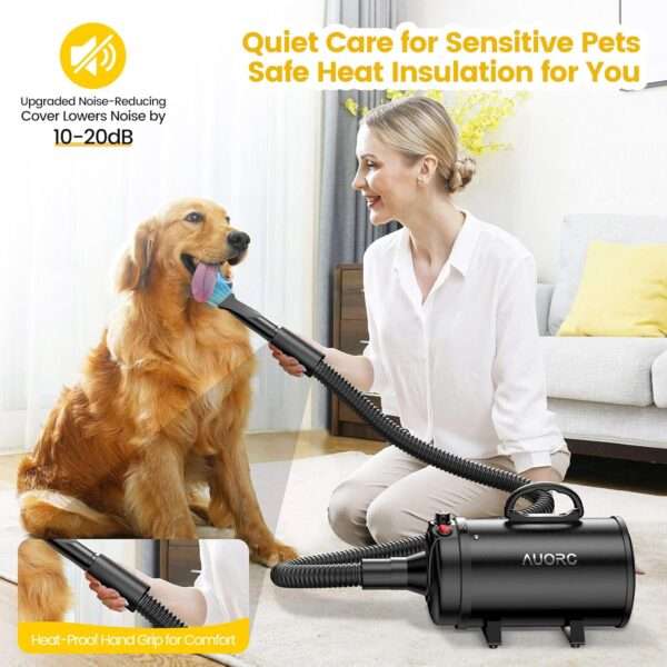 Secador de pelo profesional para mascotas, potente 3800 W y 4 boquillas.