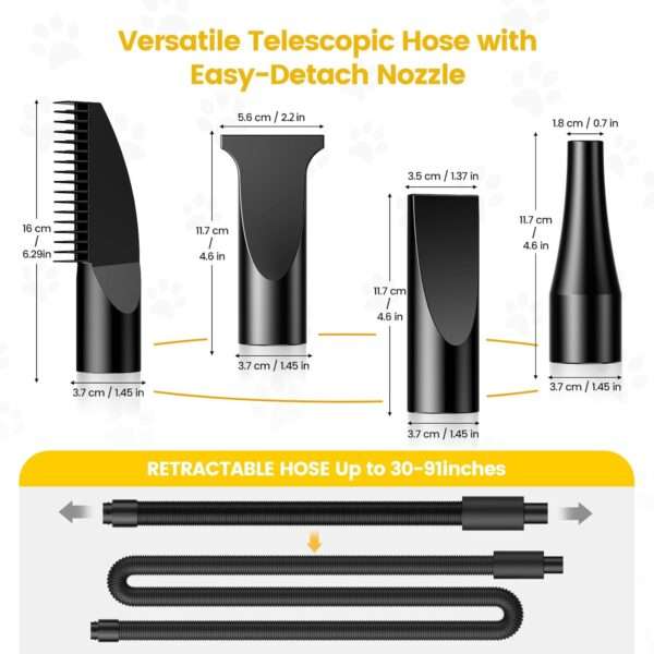 Secador de pelo profesional para mascotas, potente 3800 W y 4 boquillas.