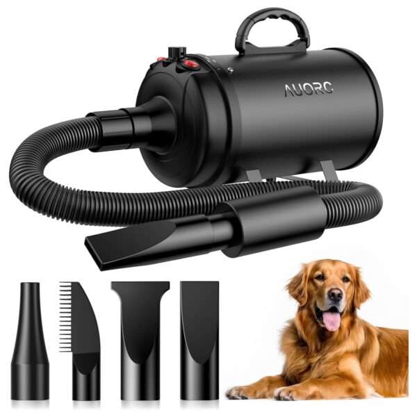Secador de pelo profesional para mascotas, potente 3800 W y 4 boquillas.