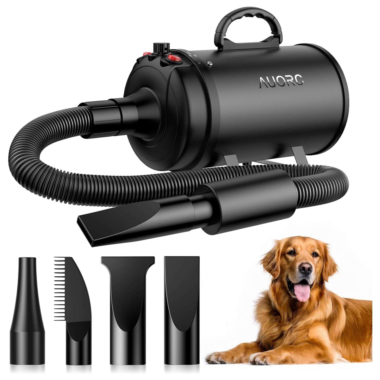 Secador de pelo profesional para mascotas, potente 3800 W y 4 boquillas.