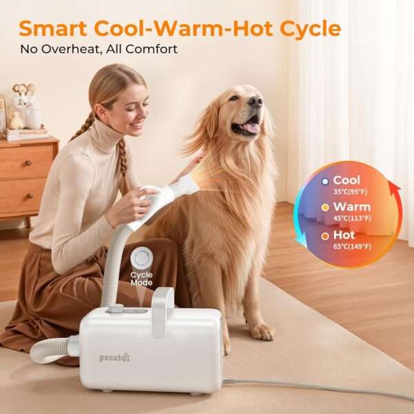 Secador de pelo profesional para mascotas de alta velocidad, con boquillas y flujo de aire frío/caliente.