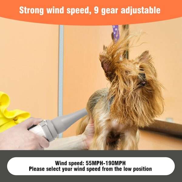Secador de pelo profesional para perros con alta velocidad y 9 ajustes de control de temperatura.