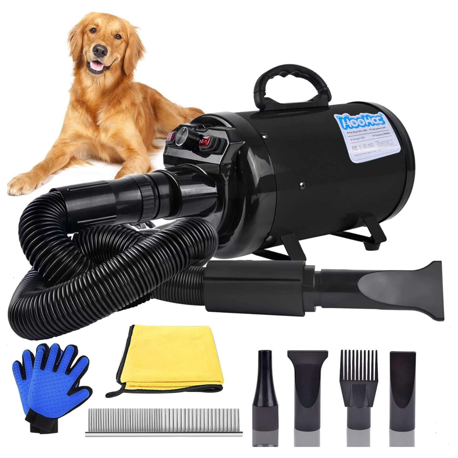 Secador de pelo profesional para perros 3400W, con 4 boquillas y control de temperatura.