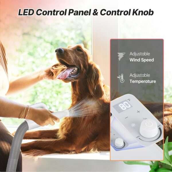 Secador de pelo inteligente para mascotas con pantalla LED y tecnología de iones negativos.