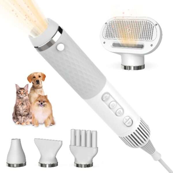 Secador de pelo y cepillo 5 en 1 para mascotas, con control de temperatura inteligente para perros y gatos.