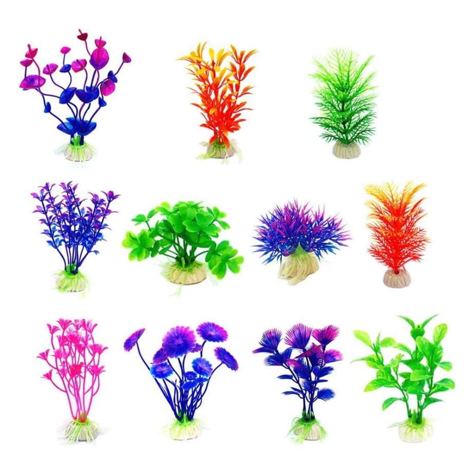 Set de 11 plantas artificiales multi-color (hasta 16 cm) con base de cerámica para acuario.