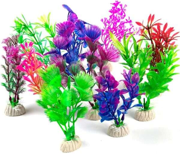 Set de 11 plantas artificiales multi-color (hasta 16 cm) con base de cerámica para acuario.