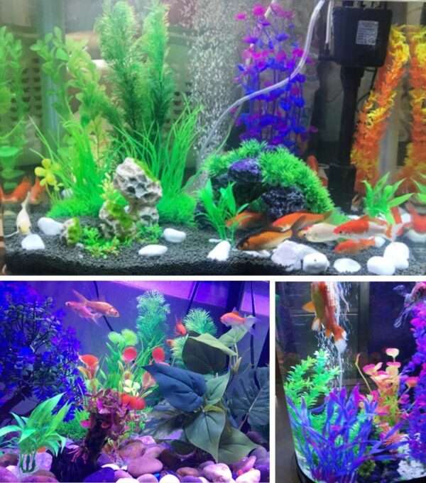 Set de 11 plantas artificiales multi-color (hasta 16 cm) con base de cerámica para acuario.