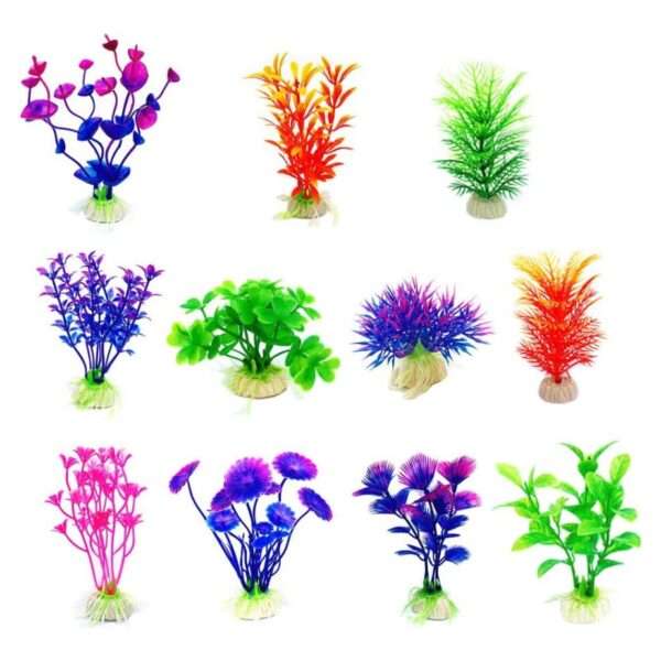Set de 11 plantas artificiales multi-color (hasta 16 cm) con base de cerámica para acuario.