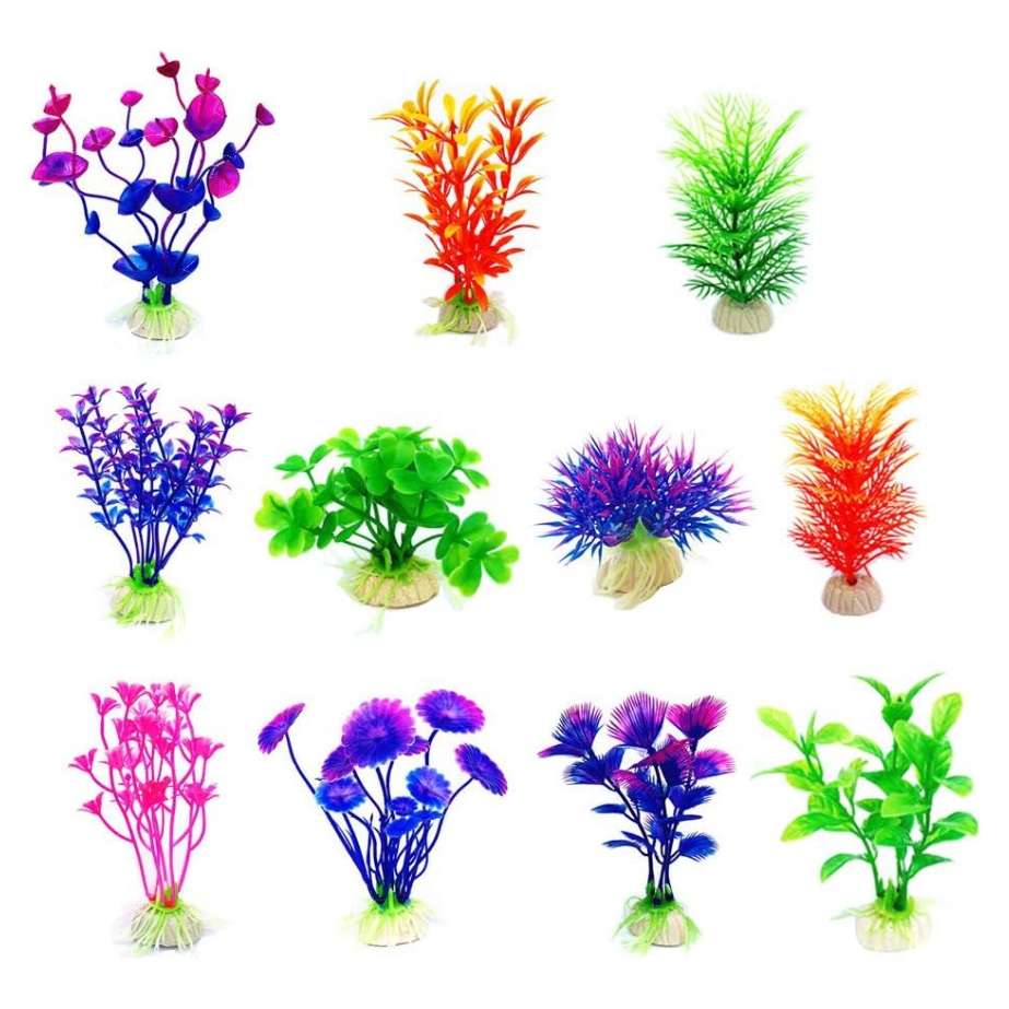 Set de 11 plantas artificiales multi-color (hasta 16 cm) con base de cerámica para acuario.