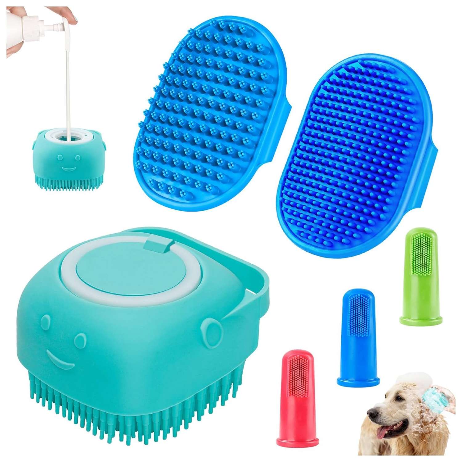 Kit de 6 cepillos de aseo para perros y gatos. Incluye cepillo de baño y cepillo de dientes.