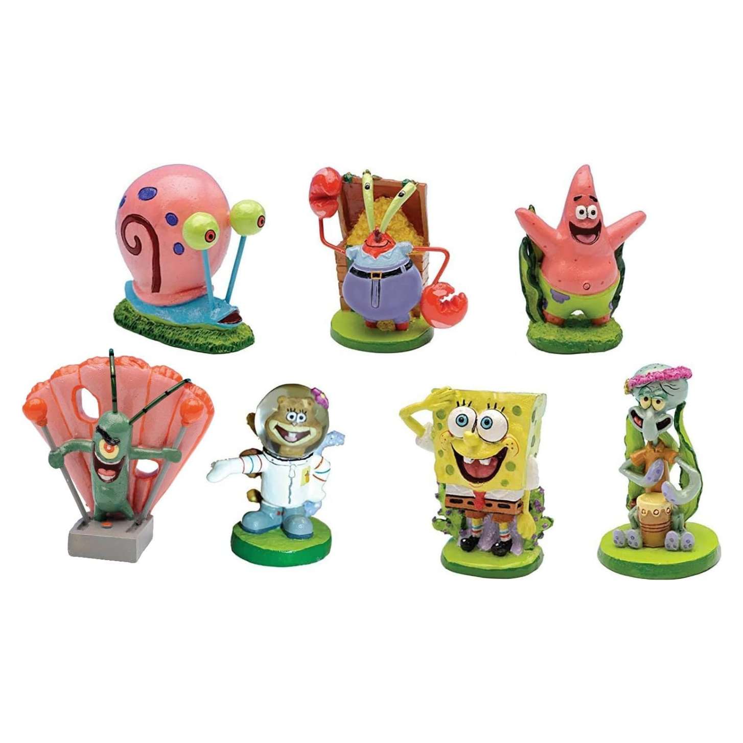 Set de 7 figuras de Bob Esponja con licencia oficial, de resina segura para acuario. (Cada figura mide 5 cm de alto).