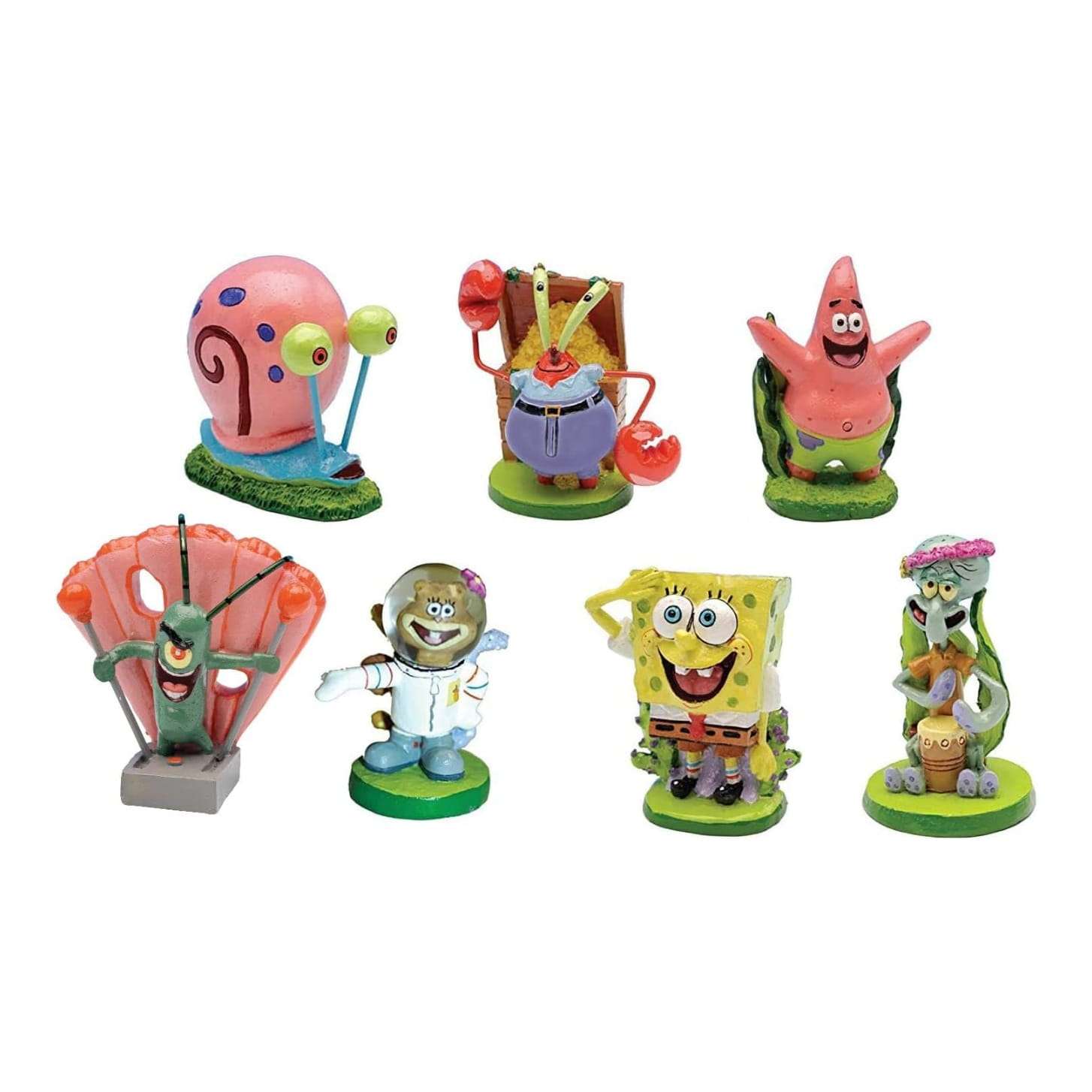 Set de 7 figuras de Bob Esponja con licencia oficial, de resina segura para acuario. (Cada figura mide 5 cm de alto).
